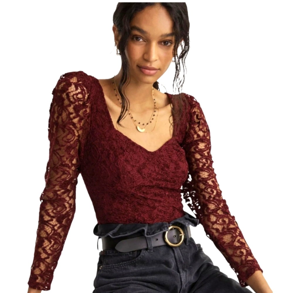 Anthropologie Burgundy Lace Velvet Long Sleeve Blouse Top
